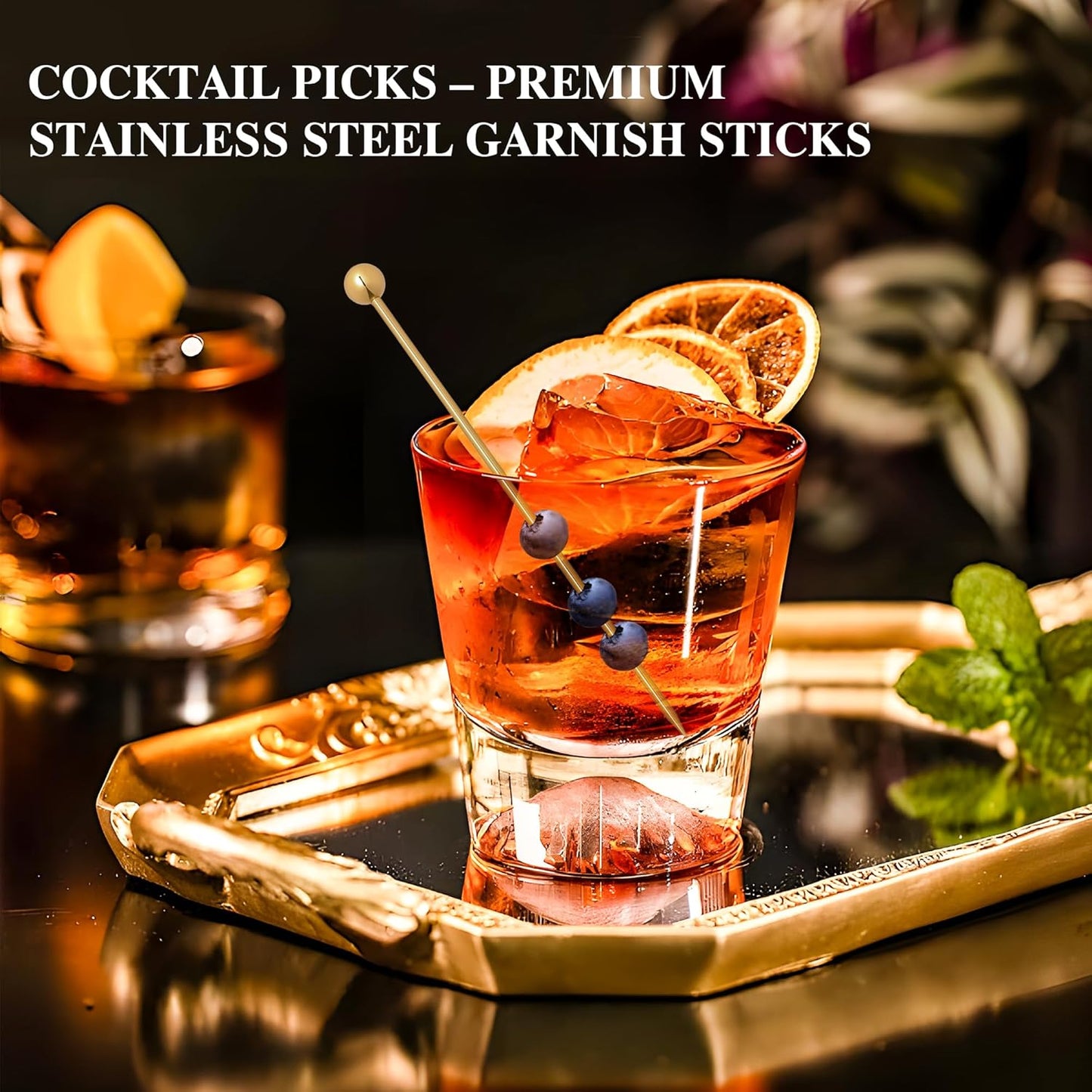 I-MART 15 Pack Stainless Steel Cocktail Picks Martini Olive Skewers, Reusable Metal Garnish Sticks for Drinks, Appetizers, Bloody Mary, Olives, Citrus, Fruit Decor (Gold, 4.25 Inch)