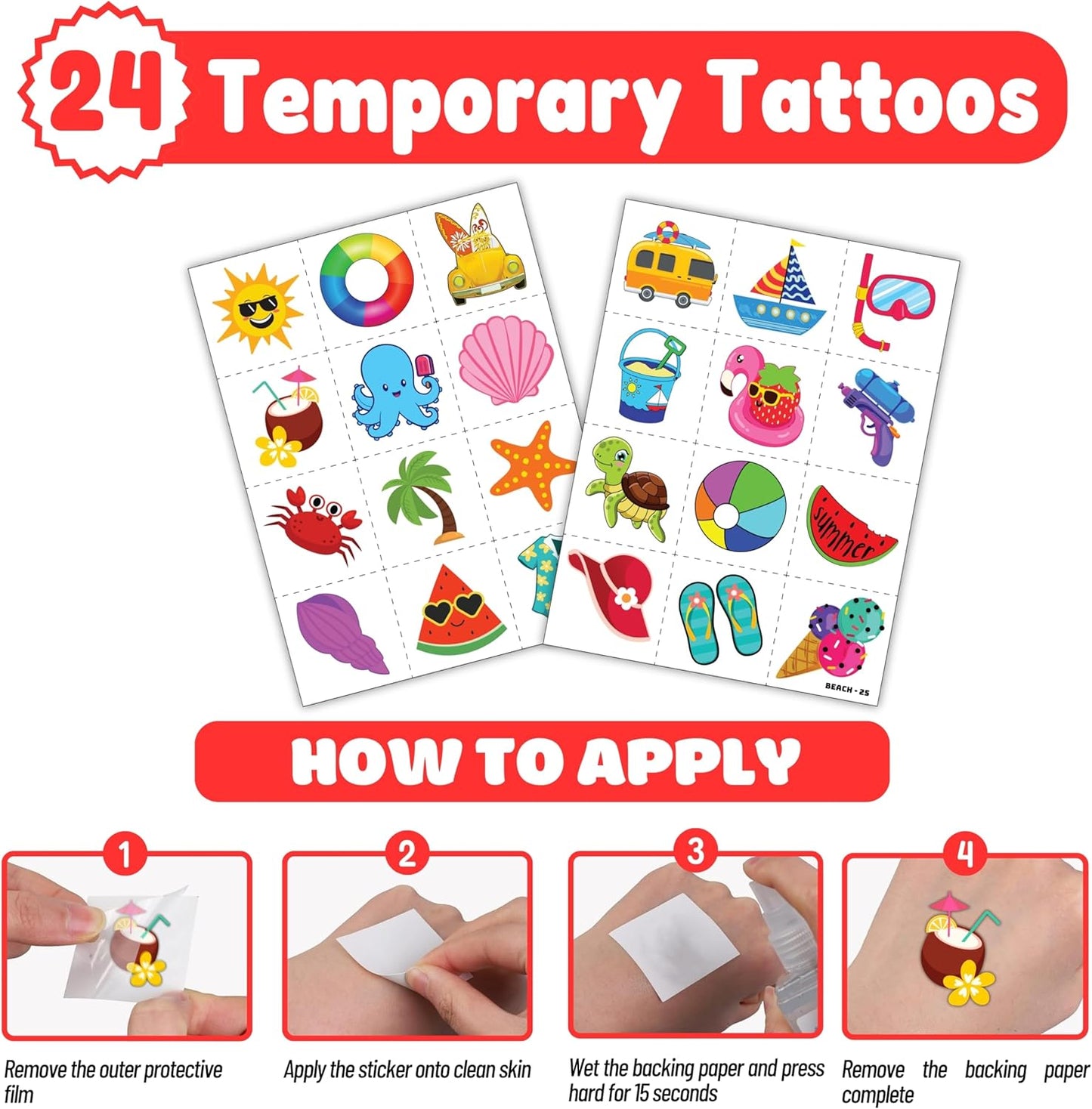 Cherisnowy 48PCS Beach Party Favors – 24PCS Temporary Pre - cut Tattoos & 24PCS Slap Bracelets – Summer & Ocean-Themed Birthday Supplies, Baby Shower Gifts, Classroom Rewards & Party Decor for Kids