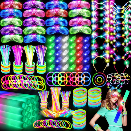 OLUPP 282 PCS Glow in the Dark Party Supplies, 18 Foam Sticks, 18 LED Glasses, 200 Glow Sticks, 30 Finger Lights, 8 Bunny Ear Headband and 8 LED Cat Ear Headband for Wedding,Birthday,Concert,New Year