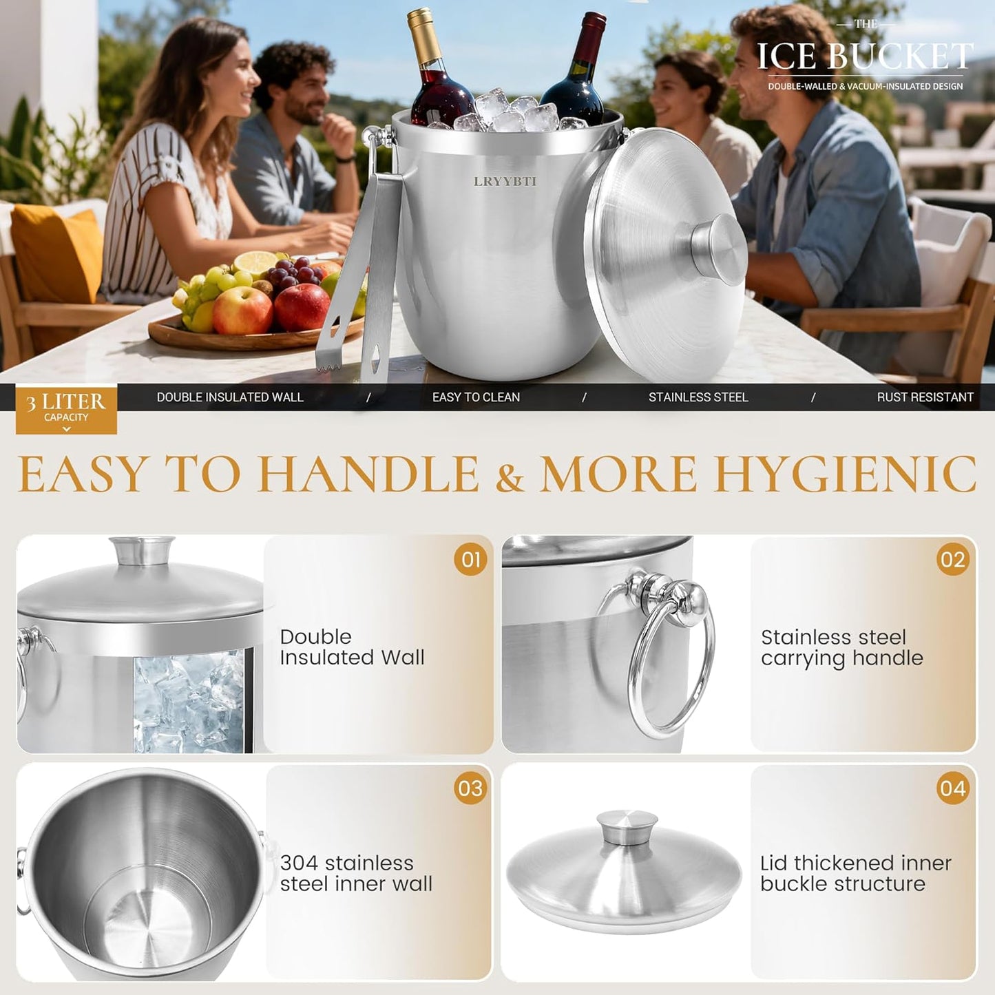 Ice Buckets for Parties with Lid,Tongs and Strainer (3L/Silver) Double Wall Stainless Steel Ice Bucket Keeps Frozen Longer,Ideal Perfect for Parties, Cocktail bar, Chilling Wine, Champagne