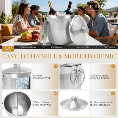 Ice Buckets for Parties with Lid,Tongs and Strainer (3L/Silver) Double Wall Stainless Steel Ice Bucket Keeps Frozen Longer,Ideal Perfect for Parties, Cocktail bar, Chilling Wine, Champagne