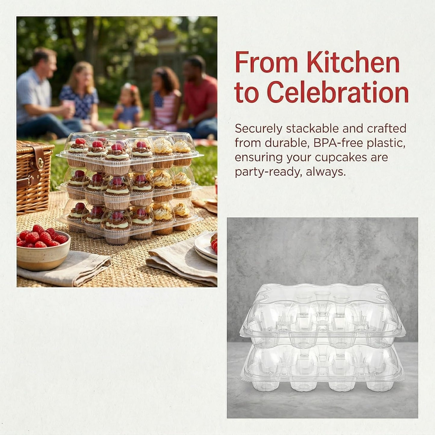 Hedume 12 Pack Cupcake Carrier, 12 Counts Stackable Cupcake Boxes, Clear Cupcake Container with Detachable Lid for Cupcakes, Muffin, BPA-free