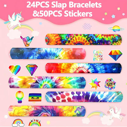 74PCS Tie Dye Party Favor 50PCS Groovy Party Stickers&24PCS Slap Bracelets Tie Dye Birthday Supplies Team Gift Filler