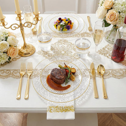Rubtlamp 350 Pcs Clear Blue Plastic Plates, Blue Gold Plastic Dinnerware Set (50 Guests), Blue Disposable Plates With Gold Rim, Hammered Party Plates Set for Wedding And Party