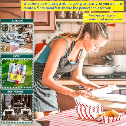 100 Pack 3lb Paper Food Trays,Disposable Greaseproof Kraft Checkered Carnival Food Serving Take Out Basket Tray Boat for Snacks Fries Nachos Popcorn Hot Dogs Carnival Wedding Party Picnic