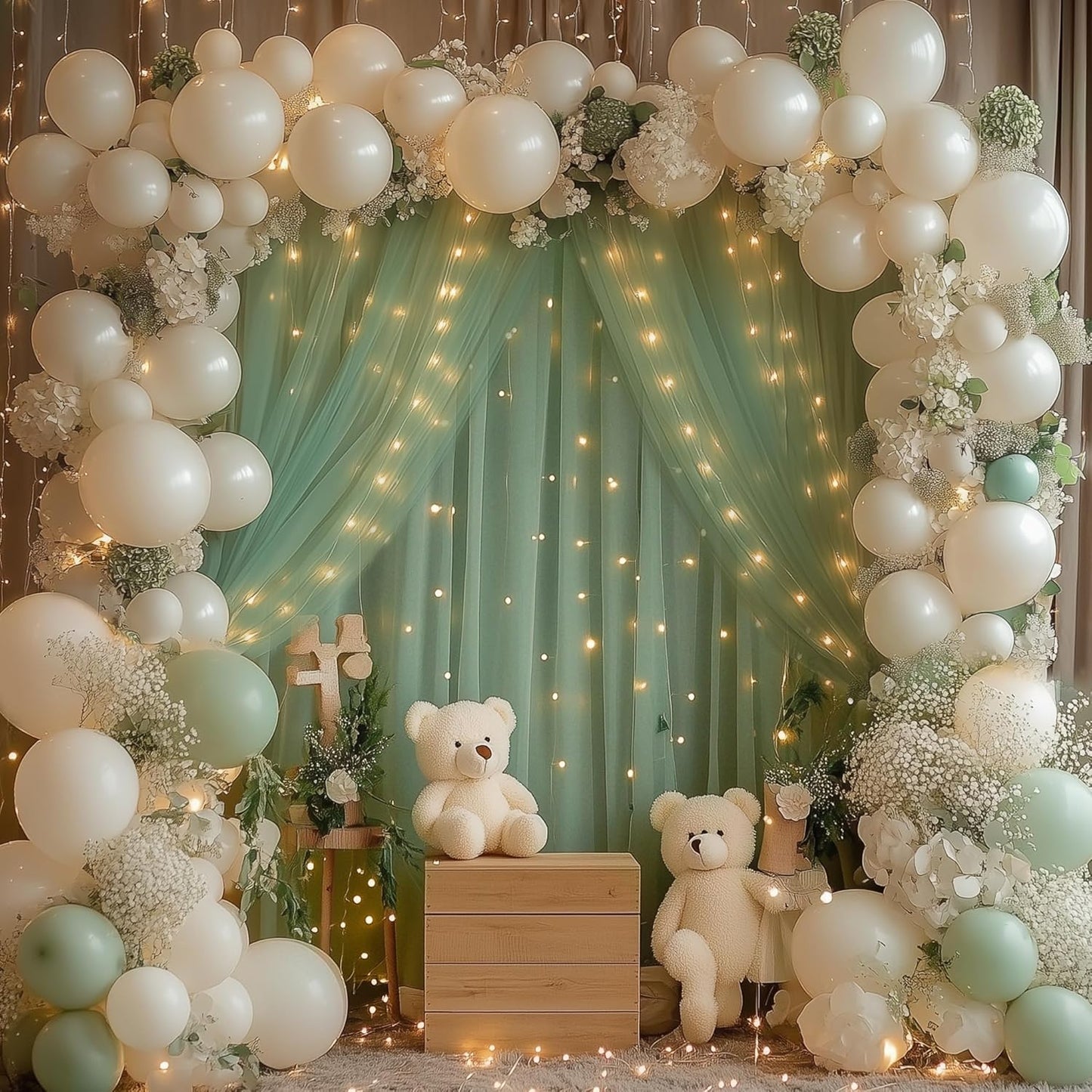 Fomcet Tulle Backdrop Curtains with Lights String White 10FT X 8FT Sheer Curtain with Lights Tulle Curtains Backdrop for Wedding Birthday Party Baby Shower Photo Shoot (2 Panels 5x8FT)