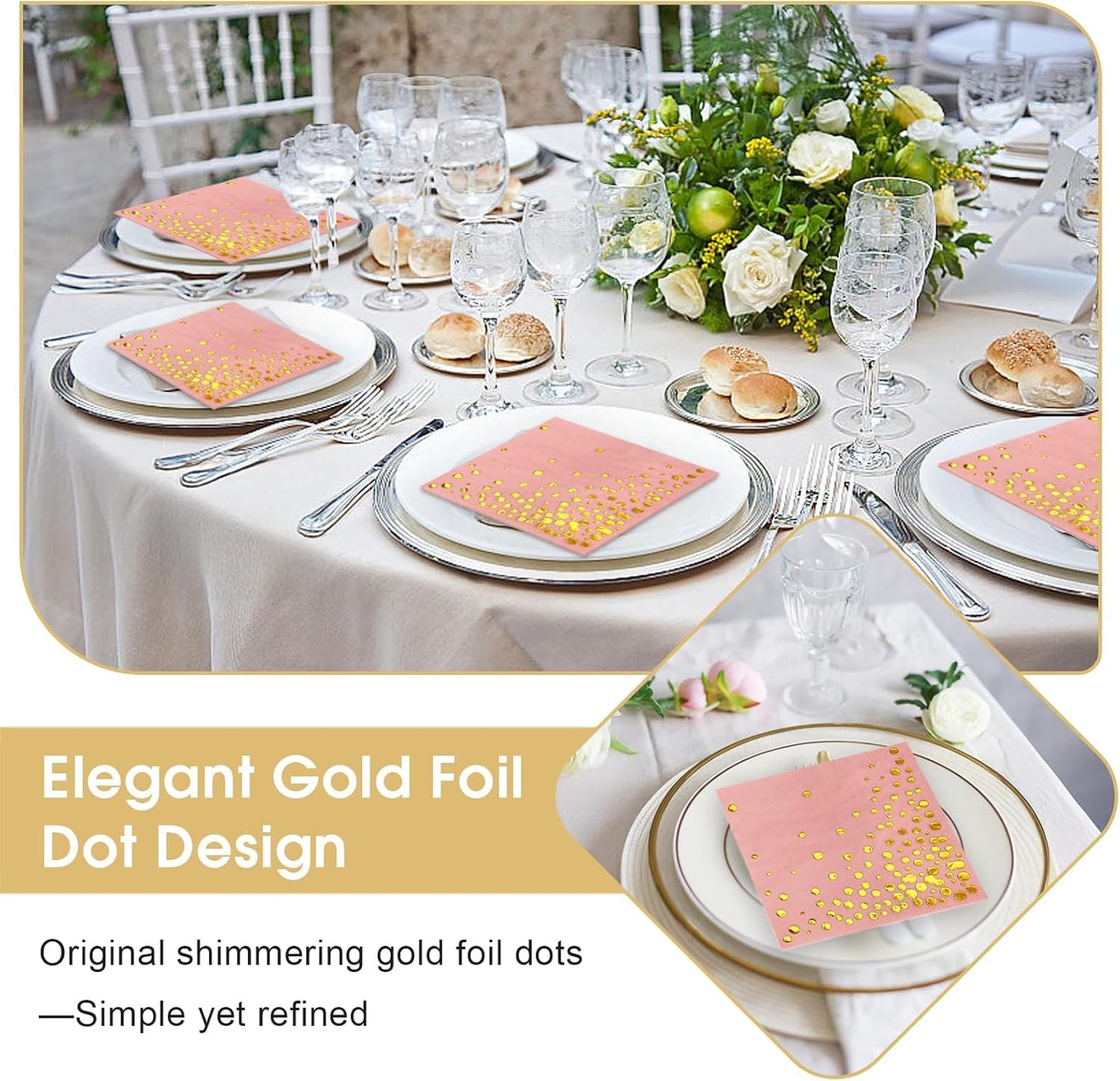 100 Pcs Gold Cocktail Napkins, 3-Ply Party Paper Napkins, 5 x 5 Inches Bar Napkin Disaposable for Weddings, Birthdays, Baby Showers, Anniversaries, and Cocktail Parties (White)