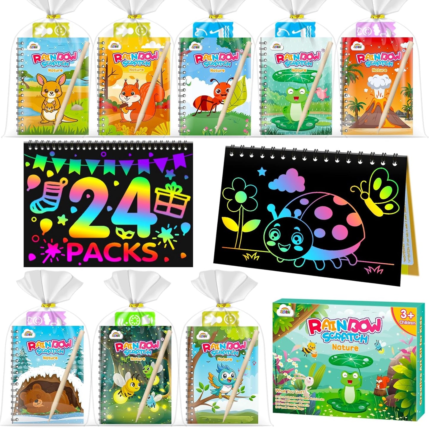 ZMLM 24 Pack Scratch Art Party Favors: Birthday Party Favors for Kids 4-8, Bulk Rainbow Scratch Notebook Paper Pads, Goodie Bags Stuffers Girls Boys Classroom Gifts Crafts Toys