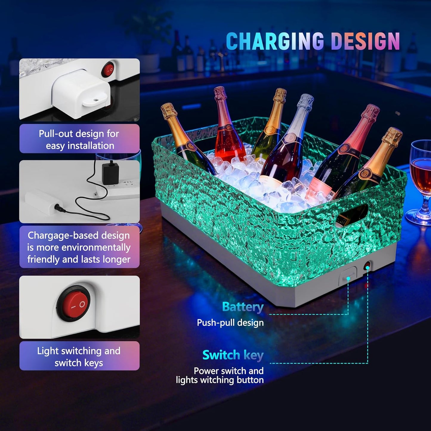 15L LED Ice Bucket for Parties, Rechargeable 7-Color Changing Light Up Beverage Tub, Clear Acrylic Wine & Champagne Drink Cooler, Leakproof Party Tub for Home Bar & Outdoor Entertaining