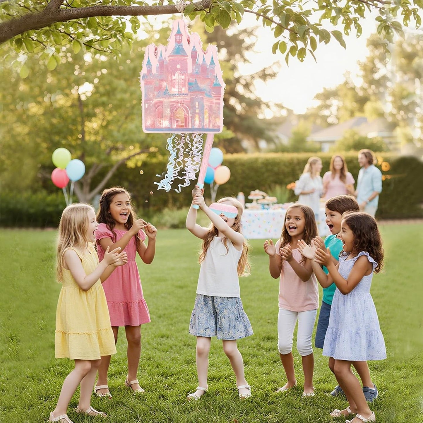 Princess Castle Pinata Set - Coquette Pink Castle Pull String Piñata with Blindfold and Stick for Girls Princess Themed Birthday Party Decorations, Winter Fairy Piñata (16.5 x12.4'')