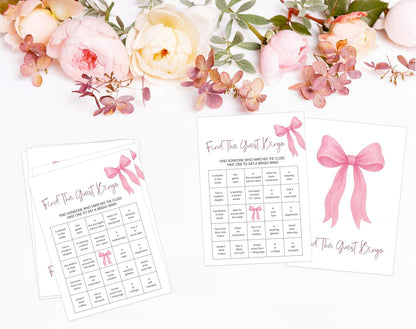 Pink Bow Bridal Shower Bingo Game with Blank Squares, Pack of 30 Game Cards, Bridal Shower Decorations, Wedding Engagement Decor, Bachelorette Party Supplies - KR05