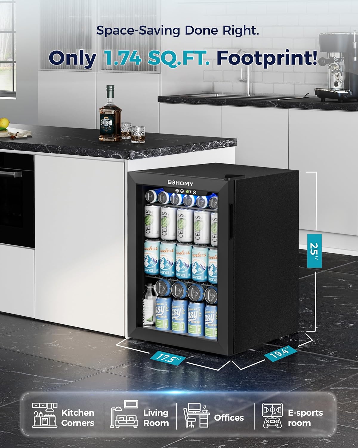 EUHOMY 4.5 Cu.ft Beverage Refrigerator and Cooler, 145 Can Mini fridge with Glass Door for Soda Beer Wine, Small Drink Dispenser with Digital Adjustable Thermostat for Home Office Bar