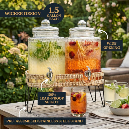 1.5 Gallon Glass Drink Dispenser for Parties 3 PACK Beverage Dispensers with Stand, Glass Water Jug Dispenser, with 18/8 Stainless Steel Spigot, Great for Party, Wedding, Picnic, BBQ Wicker Design