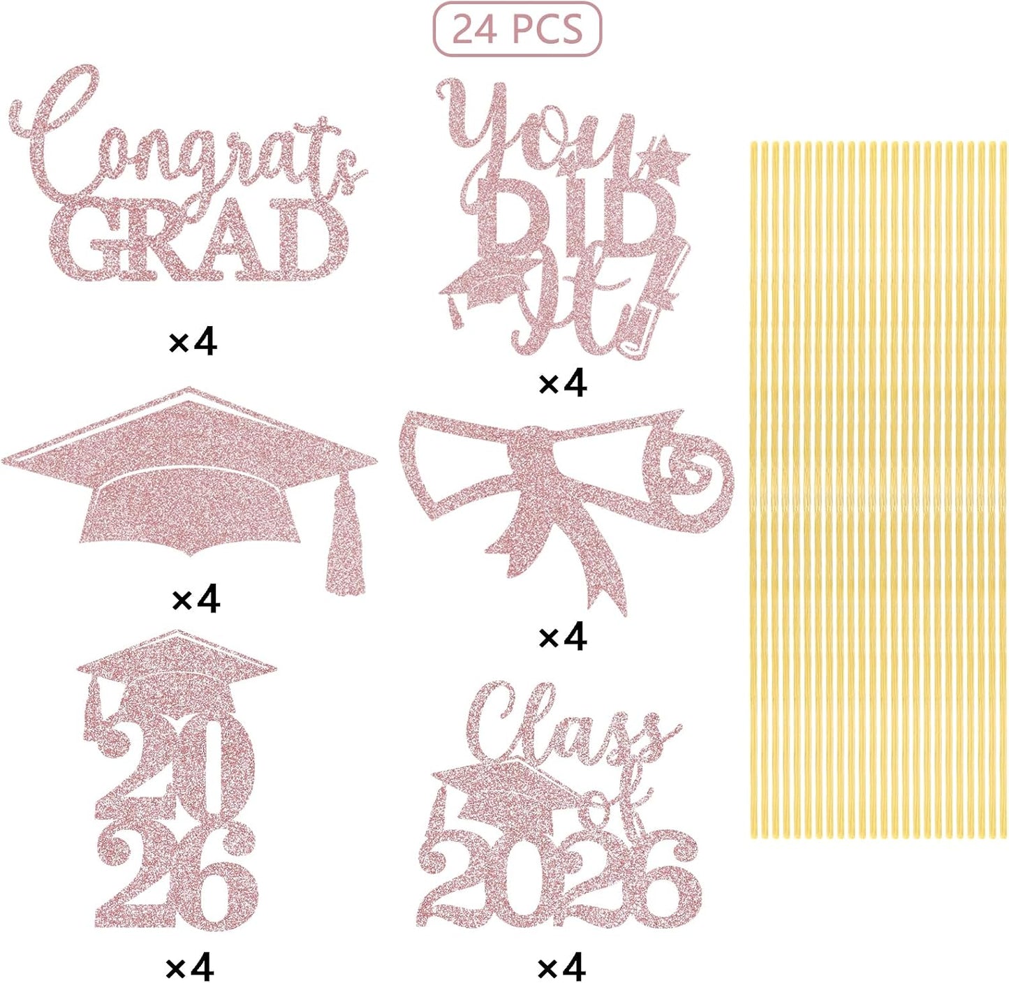 Graduation Centerpiece Sticks 24PCS Glitter Grad Picks Party Table Decor Senior High School College Sign Gold