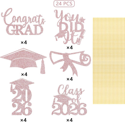 Graduation Centerpiece Sticks 24PCS Glitter Grad Picks Party Table Decor Senior High School College Sign Gold