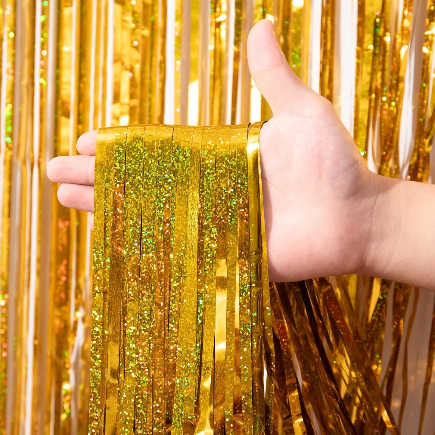 Voircoloria 3 Pack 3.3x8.2 Feet Gold Foil Fringe Backdrop Curtains, Tinsel Streamers, Fringe Backdrop for 2025 New Years Eve, Graduation, Birthday, Baby Shower, Gender Reveal, Disco Party - Colors B
