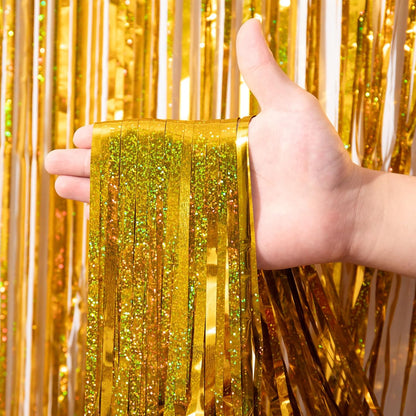 Voircoloria 3 Pack 3.3x8.2 Feet Gold Foil Fringe Backdrop Curtains, Tinsel Streamers, Fringe Backdrop for 2025 New Years Eve, Graduation, Birthday, Baby Shower, Gender Reveal, Disco Party - Colors B