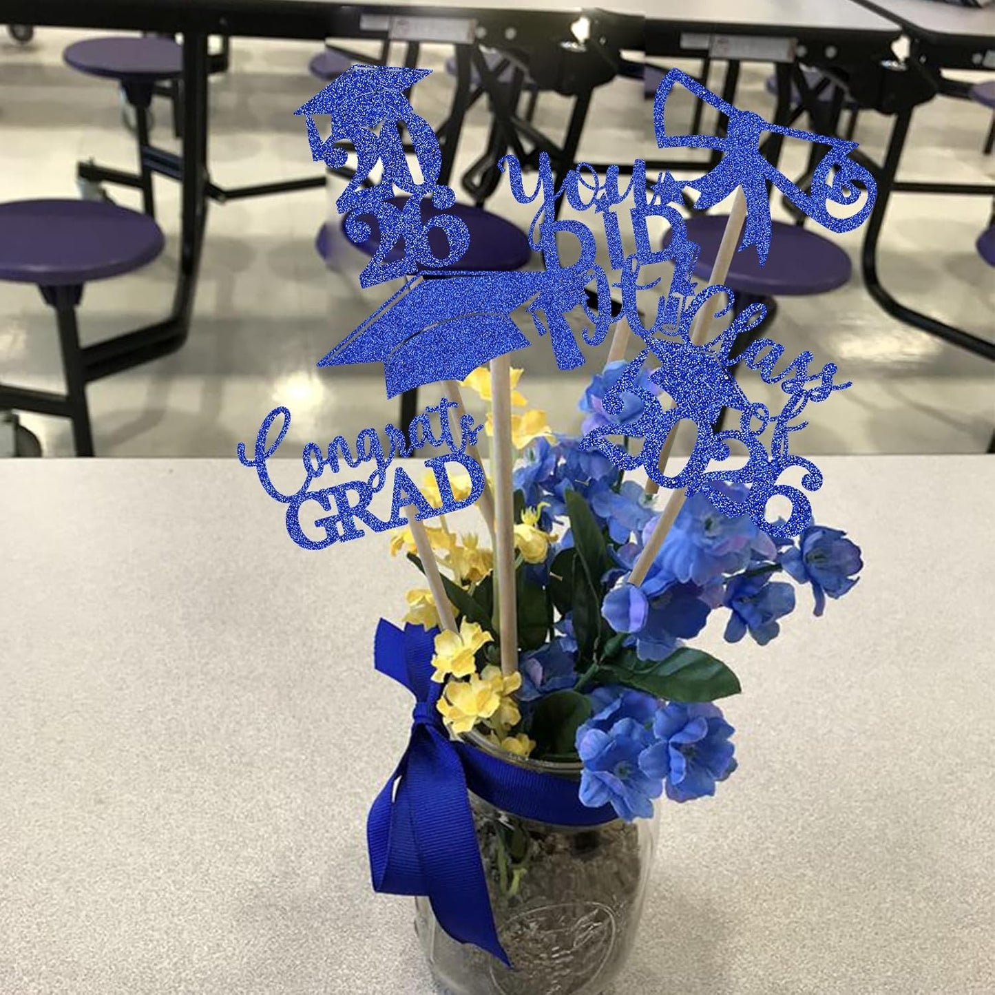 Graduation Centerpiece Sticks 24PCS Glitter Grad Picks Party Table Decor Senior High School College Sign Gold