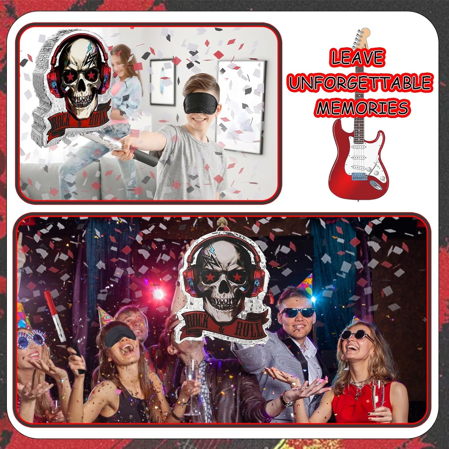 Rock and Roll Skeleton Piñata with Headphones Design Blindfold Hitting Stick Confetti for Music Themed Birthday Party (15.56 x 13.19 x 2.76 inch)