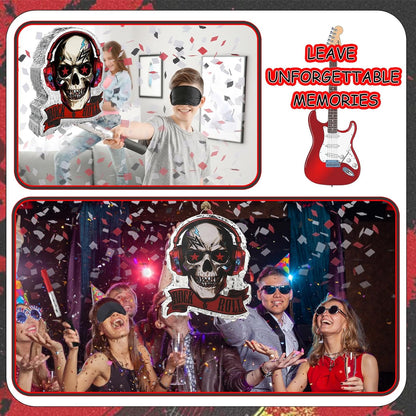 Rock and Roll Skeleton Piñata with Headphones Design Blindfold Hitting Stick Confetti for Music Themed Birthday Party (15.56 x 13.19 x 2.76 inch)