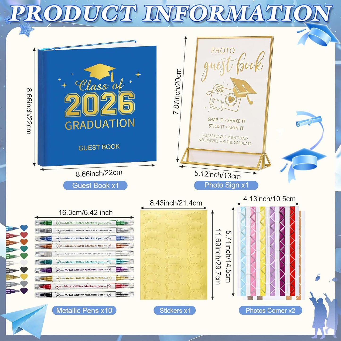Pajean Graduation Guest Book Set Class of 2026 Memory Scrapbook with Photo Guest Book Sign Dual Tip Pens Photo Corner Stickers Grad Cap Stickers for Grad Party Decorations Supplies Gifts (Black)