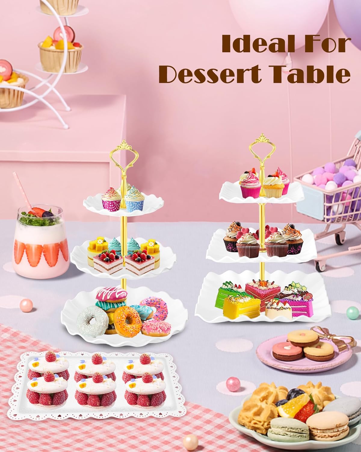 Hoedia 10 Pcs Cake Stand, Plastic Dessert Table Display Set, 4 Pcs 3 Tier Cupcake Stand Tower Holder and 6 Pcs Serving Tray for Tea Party Baby Shower Decorations
