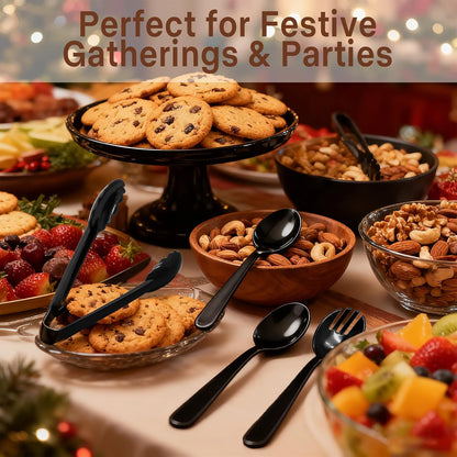 24 Pcs Black Plastic Serving Utensils Set - Heavy Duty Disposable Serving Spoons, Forks & Tongs (8 of Each) - BPA-Free Catering Supplies for Buffets, Parties, Weddings & Events (9 Inch)