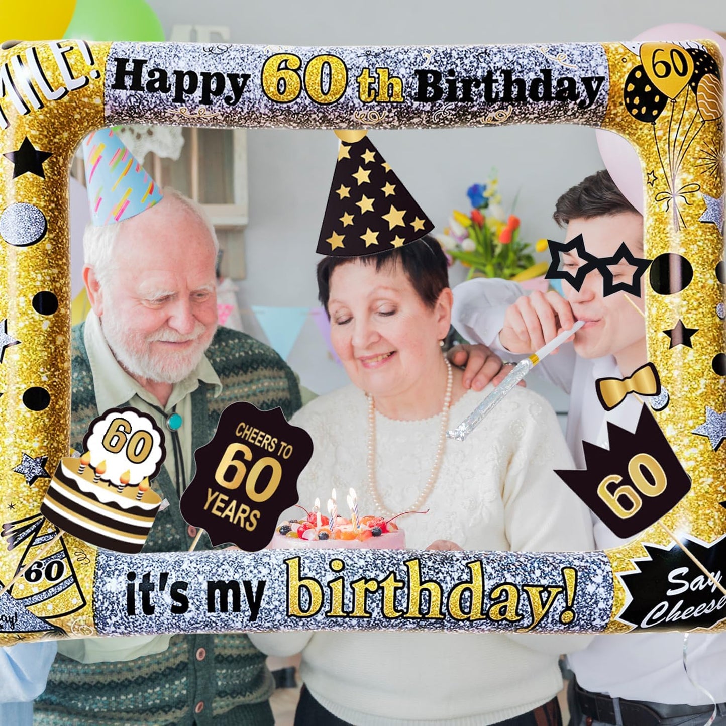 60th Birthday Inflatable Photo Booth Set - Giant Selfie Photo Booth Frame & Props - Black PVC Material - Party Decor