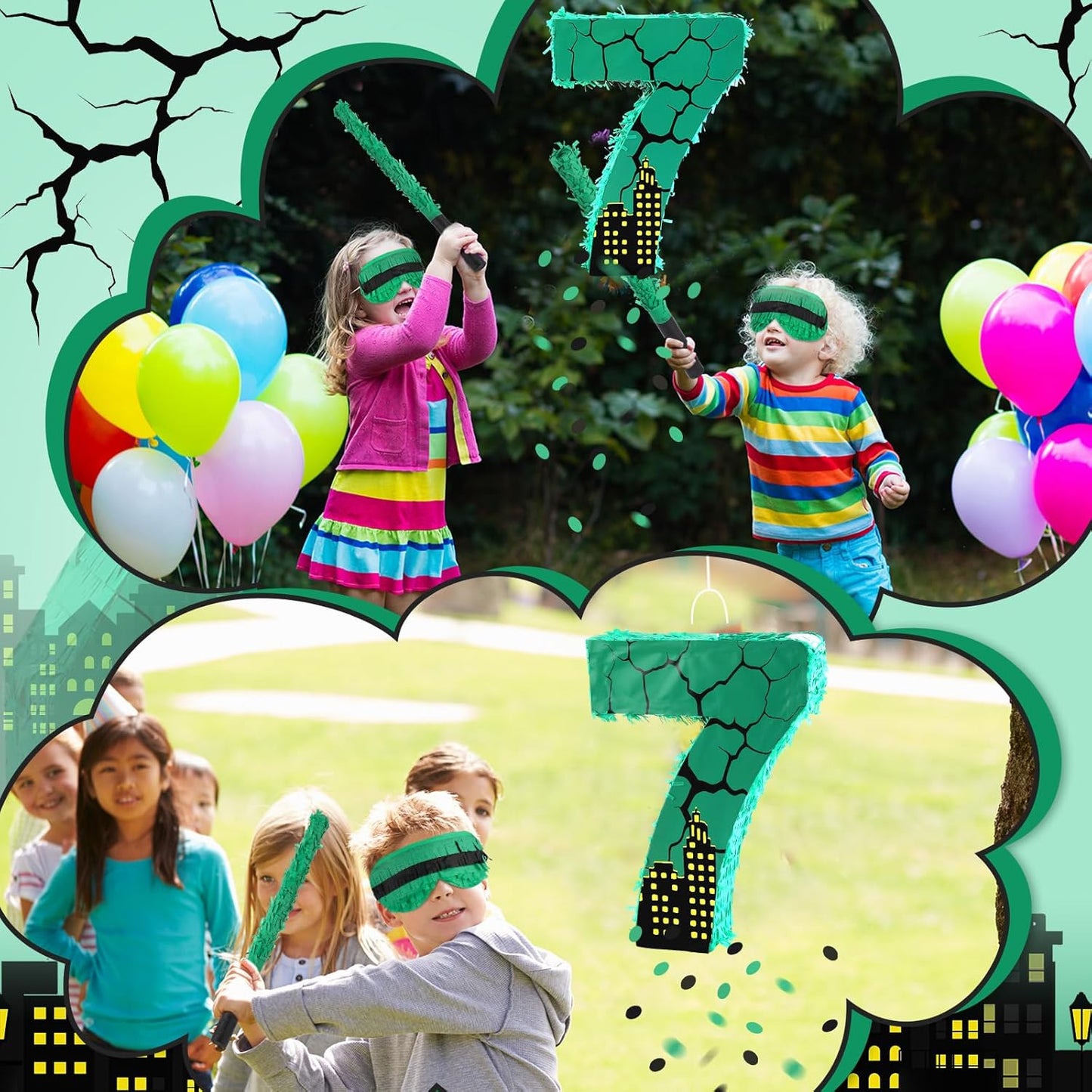 Poen Large Green Turtle Piñata Party Decoration Supplies Number 4 5 6 7 Piñata with Blindfold Stick and Confetti for Turtle Theme Birthday Party Baby Shower Photo Props Decoration(Number 7)