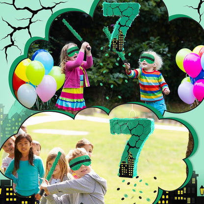 Poen Large Green Turtle Piñata Party Decoration Supplies Number 4 5 6 7 Piñata with Blindfold Stick and Confetti for Turtle Theme Birthday Party Baby Shower Photo Props Decoration(Number 7)