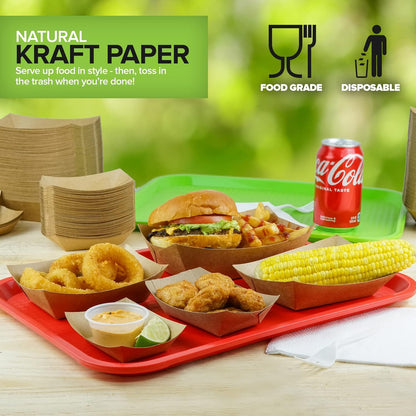 [250 Pack] Medium Disposable Brown Kraft Paper Food Trays, 1-Lb Concession Tray, Serving Boats for Party Snacks, Taco Bar, Seafood, Nachos Plates