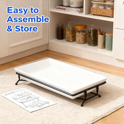 3 Tier Serving Tray, 12" White Plastic Tiered Food Serving Platters, Reusable Tray Stand Black Collapsible Metal Stand with Stable Cross Bars, Party Display Stands for Veggie Fruit, Dessert