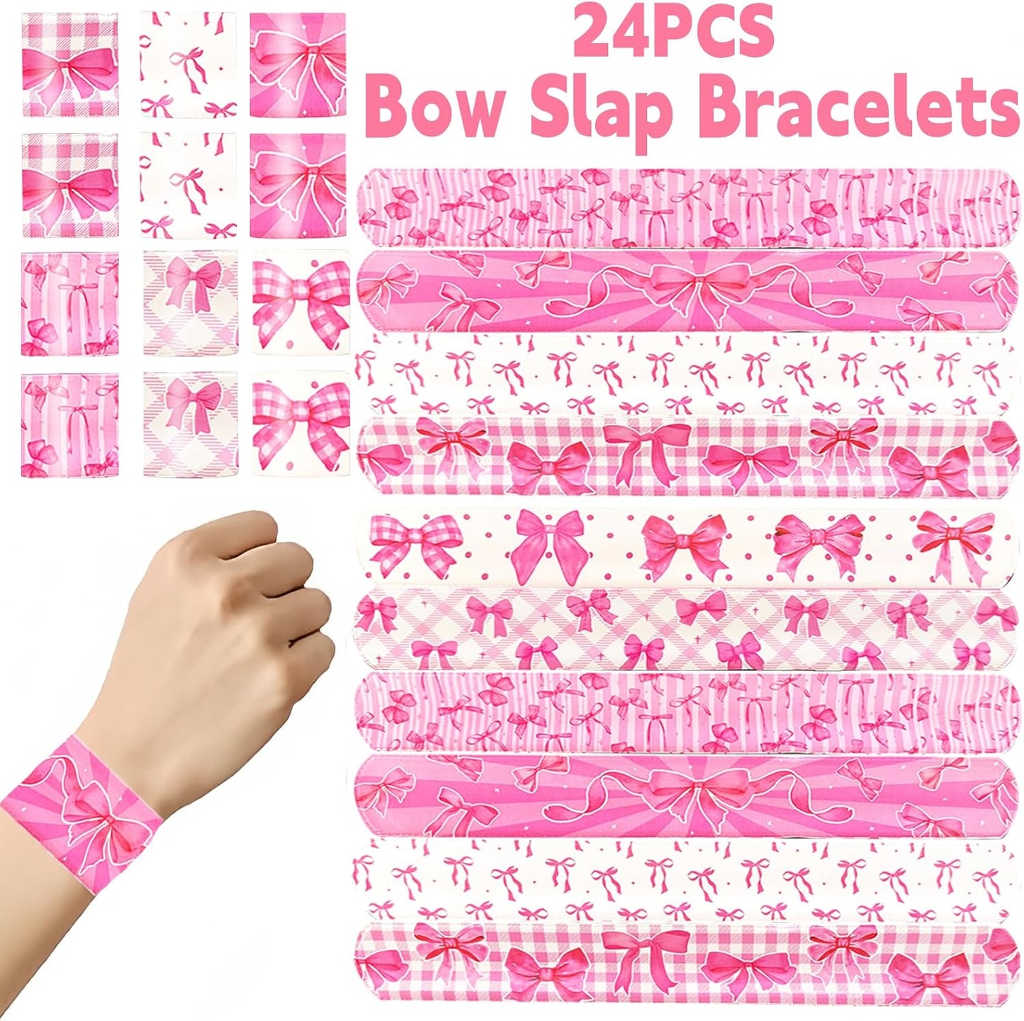 24PCS Bow Party Favors Bowkont Birthday Supplies Bowkont Theme Party Supplies Pink Bows Slap Bracelets