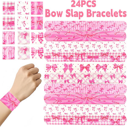 24PCS Bow Party Favors Bowkont Birthday Supplies Bowkont Theme Party Supplies Pink Bows Slap Bracelets