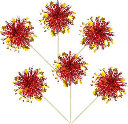 Ephlyn 30Pcs Foil Firework Cupcake Toppers Sparkle Tinsel Cupcake Picks Drink Stirrers Cocktail Food Fruit Toothpicks for Baby Shower Graduation Party Supplies White