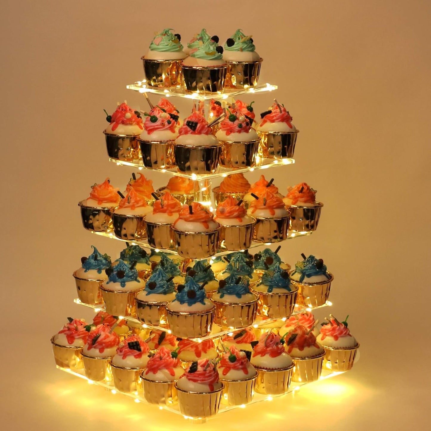 YestBuy Cupcake Stand with Yellow Led Lights, 4 Tier Cupcake Stand for 50 Cupcakes, Acrylic Cupcake Tower Stand, Clear Tiered Cupcake Holder for Birthday Cady Bar Décor Weddings, Parties Events