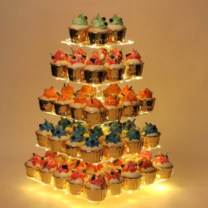 YestBuy Cupcake Stand with Yellow Led Lights, 4 Tier Cupcake Stand for 50 Cupcakes, Acrylic Cupcake Tower Stand, Clear Tiered Cupcake Holder for Birthday Cady Bar Décor Weddings, Parties Events