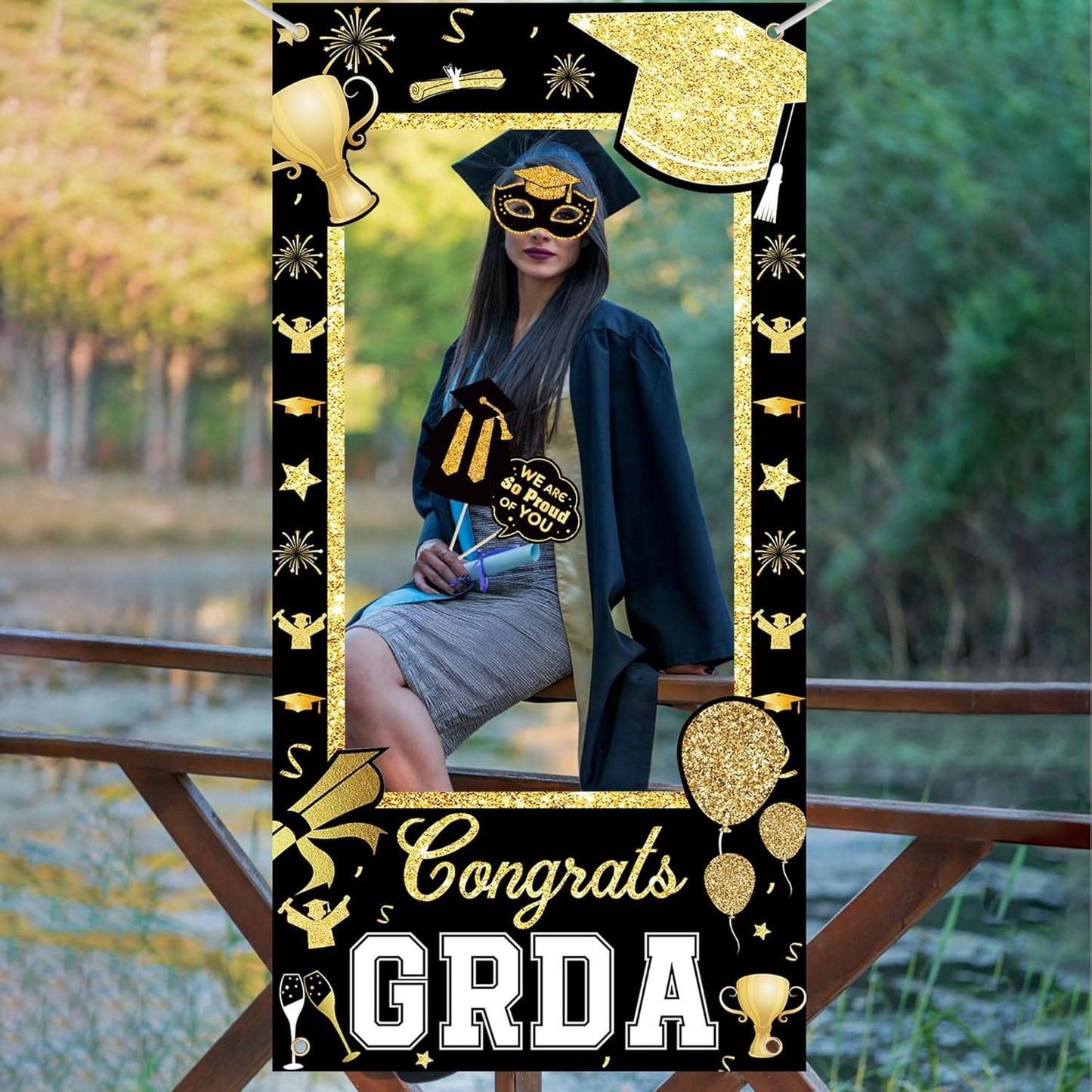 2026 Graduation Photo Booth Props & Selfie Frame Set, 30Pcs Black Gold Congrats Grad Party Photo Props with 1Pc Selfie Frame for Class of 2026 Graduation Decorations Party Supplies Gifts