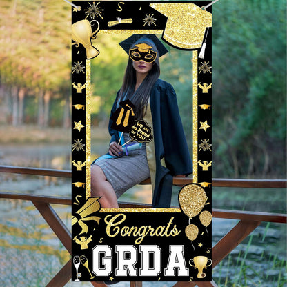 2026 Graduation Photo Booth Props & Selfie Frame Set, 30Pcs Black Gold Congrats Grad Party Photo Props with 1Pc Selfie Frame for Class of 2026 Graduation Decorations Party Supplies Gifts