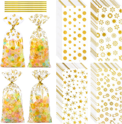 100 Pcs Star Printed 5"X 7" Gift Wrap Cello Cellophane Treat Bags Party Favor bags Clear Candy Cookie Bag Plastic Poly Goodie Storage Bag with Twist Ties for Bakery,Birthday, Wedding ,Party Decorations (Gold)