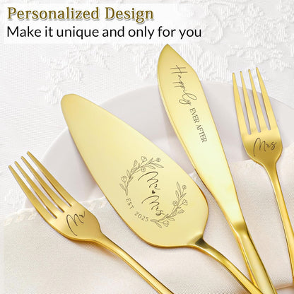 Wedding Cake Knife and Server Set, 4 Pack Stainless Steel Cake Cutting Knife, Slicer and Forks Server for Wedding, Anniversary, Birthday(Silvery)