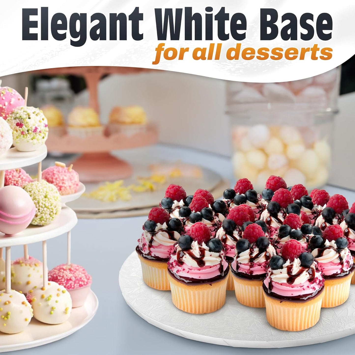 12 Inch Cake Drum, Black Cake Board for Picture-Ready Celebration Cakes, 1/2 Inch Thick Round Cardboard Base with Grease & Moisture Resistant Surface and Decorative Pattern for Parties and Weddings