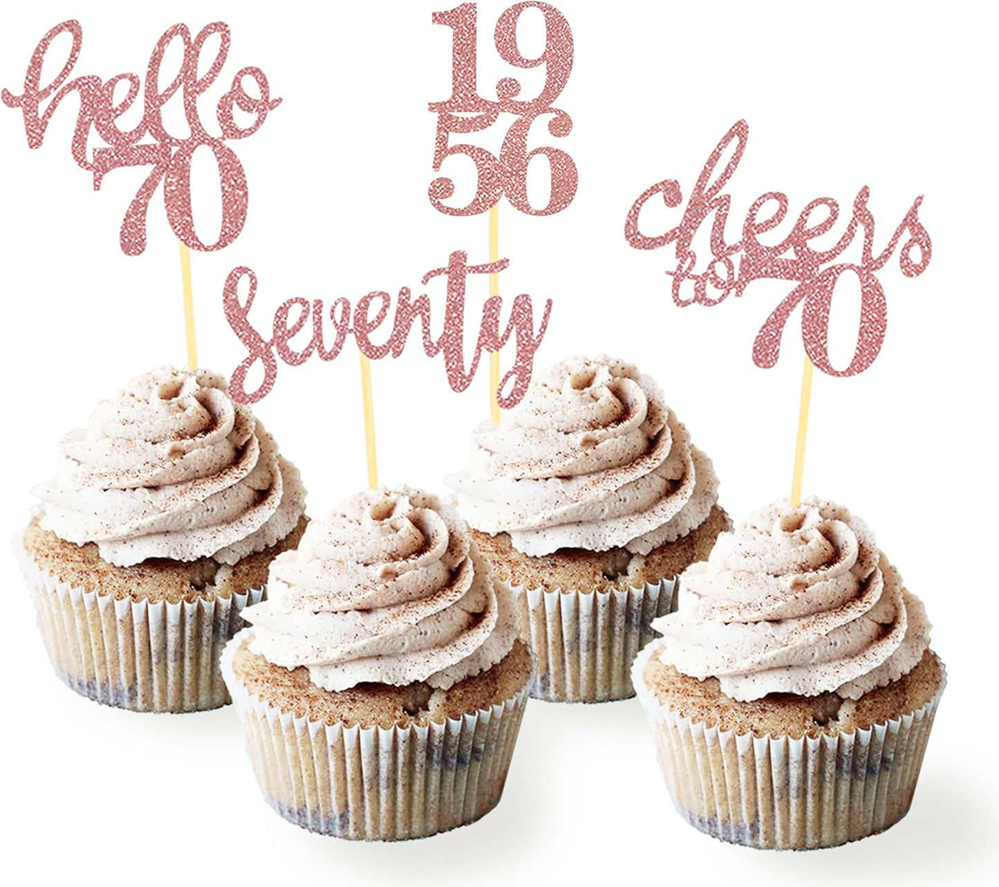 24 Pcs Glitter 70th Birthday Cupcake Toppers for Celebrating 70th Birthday Party Decorations for Seventy Years Old Birthday Party Supplies (Rose Gold2)