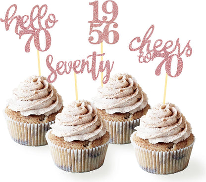 24 Pcs Glitter 70th Birthday Cupcake Toppers for Celebrating 70th Birthday Party Decorations for Seventy Years Old Birthday Party Supplies (Rose Gold2)