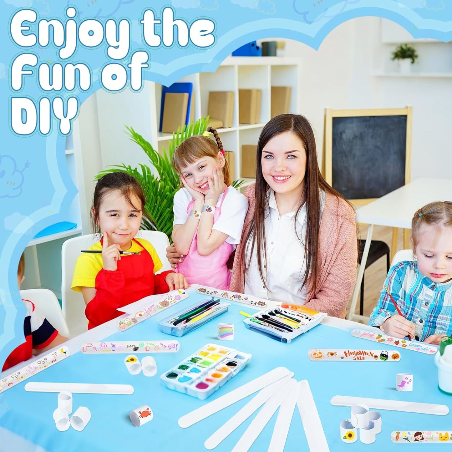 RICEDUO 36Pcs Slap Bracelets Bulk - White DIY Blank Snap Bands for Kids Birthday Party Favors, School Crafts, Halloween Christmas Goody Bag Fillers, Creative Blank Wristbands for Events