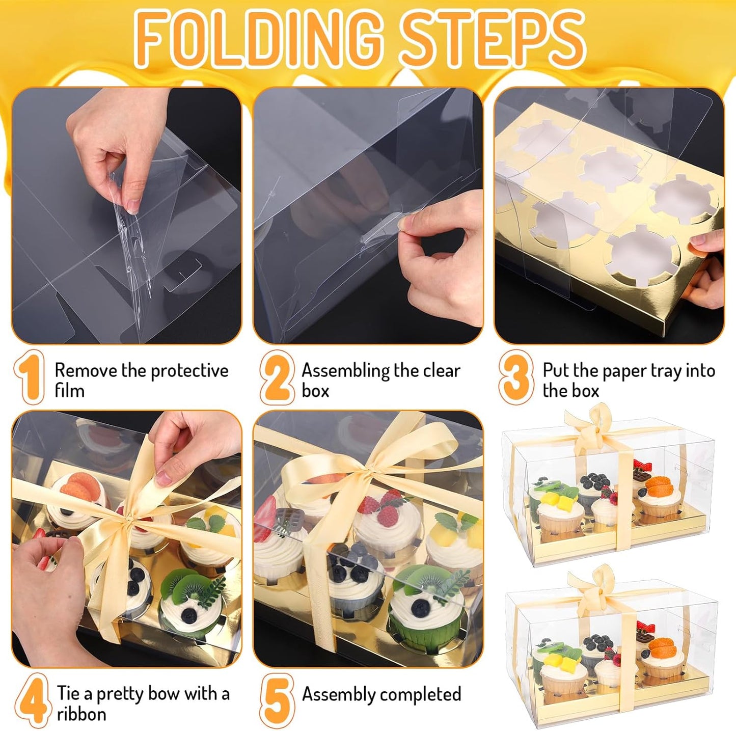Whaline 16 Sets Clear Cupcake Boxes 6 Count Rectangle Bakery Cake Containers with Gift Ribbon Plastic Cupcake Carrier Holder for Wedding Birthday Baby Shower Favors