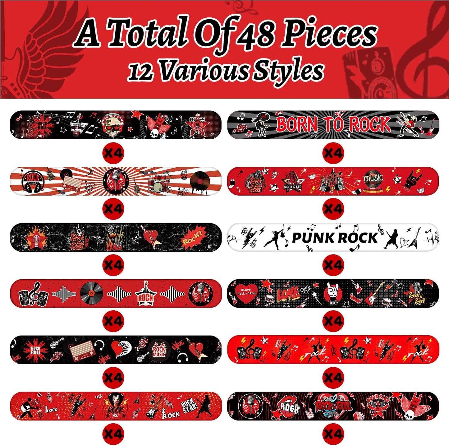 48PCS Rock and Roll Party Favors Slap Bracelets Wristbands Rock Star Party Decorations Supplies for 80s 90s Born to Rock Rock Fake Musician Guitar Rap Theme Party