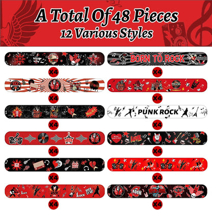 48PCS Rock and Roll Party Favors Slap Bracelets Wristbands Rock Star Party Decorations Supplies for 80s 90s Born to Rock Rock Fake Musician Guitar Rap Theme Party