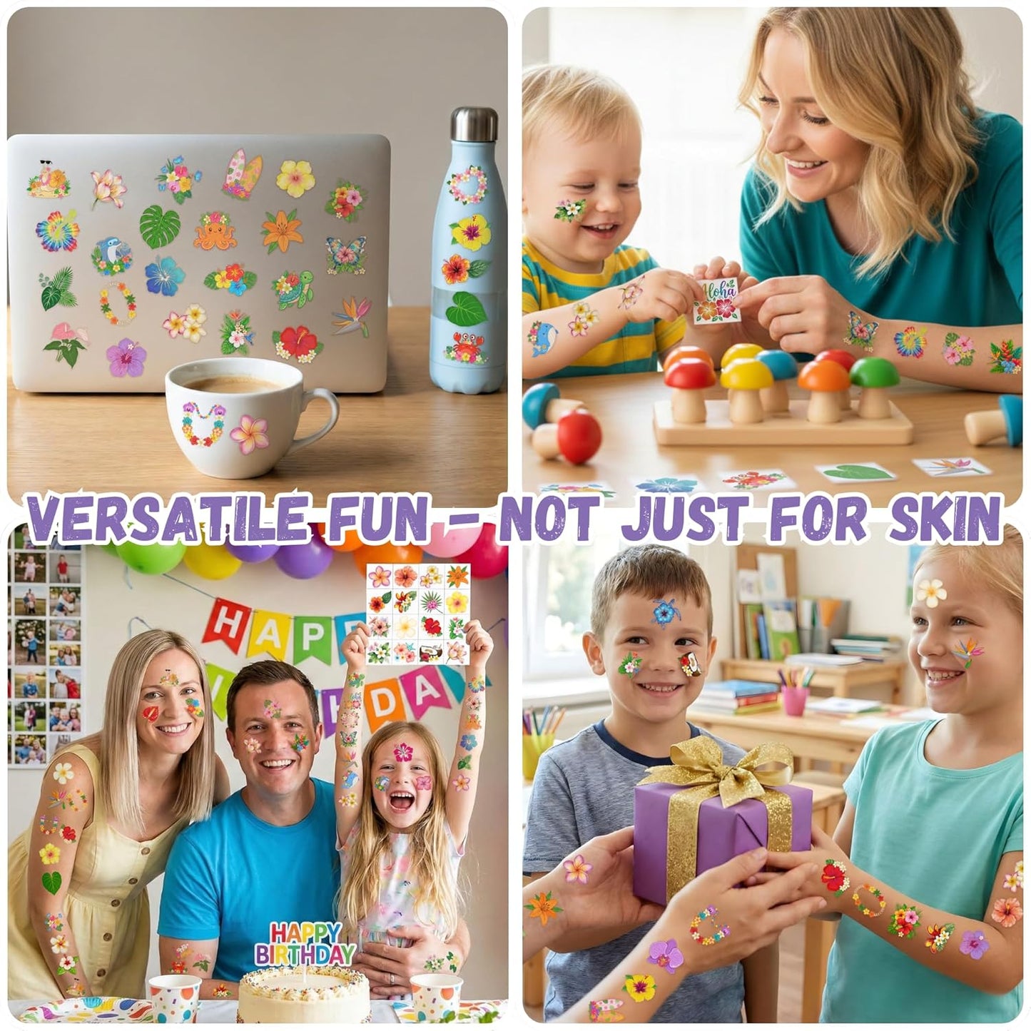 96PCS Tropical Flower Temporary Tattoos Stickers - Summer Hawaii Themed Party Favors Party Decorations Accessories Supplies Hibiscus Plumeria Gift Idea For Kids Teens Adult Classroom Prizes Rewards