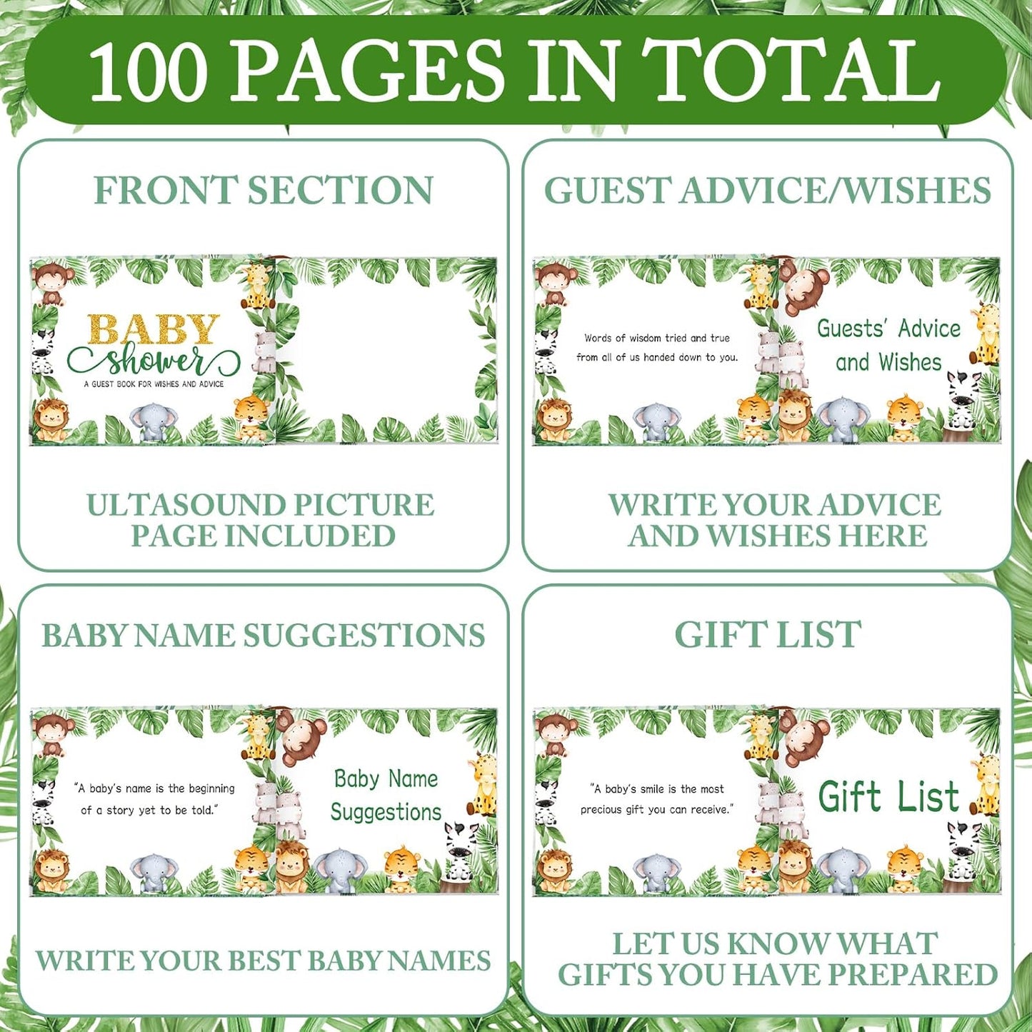Fuyoooo 27 Pcs Safari Animal Baby Shower Guest Book Set Baby Shower Sign in Guest Floral Book Place Table Cards with Gold Pen Adhesive Photo Corner for Birthday Party